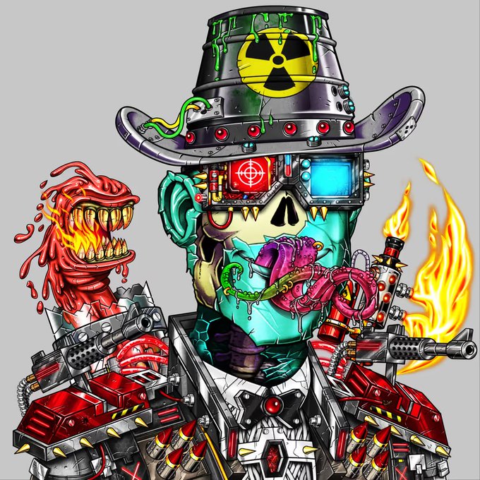 A menacing cyborg skeleton with a radiation-symbol cowboy hat, mechanical jaw, and weaponized arms is accompanied by a bloody red creature and green alien tongues.