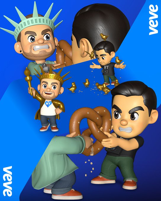 A 3D-style digital illustration features several cartoonish characters on a blue background, including figures wearing Statue of Liberty and crown headpieces, with the 'veve' logo visible in the corners