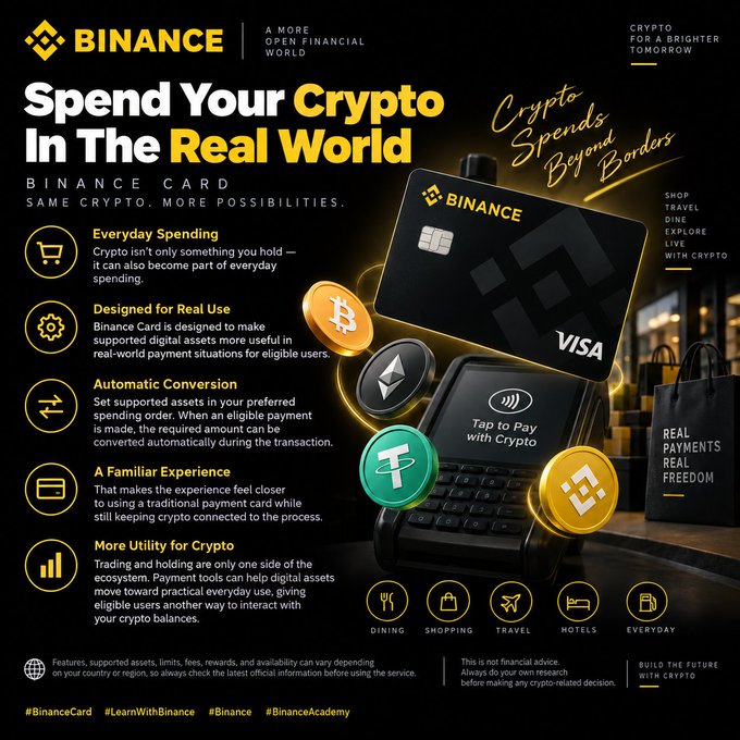 A promotional graphic for Binance Card titled 'Spend Your Crypto In The Real World', highlighting features like Everyday Spending, Designed for Real Use, and Automatic Conversion.