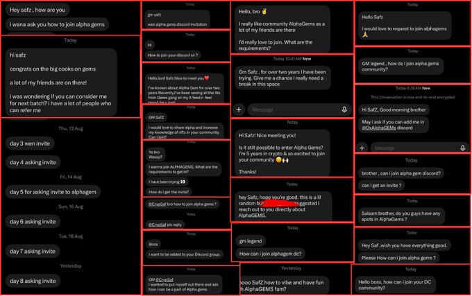 The image displays a collage of Discord DM screenshots showing multiple users requesting invites to join the AlphaGEMs community over several days (Aug 10-19), with repeated messages asking "how to join" and seeking invites. This illustrates the post's point about the lengthy 6-7 month process required to gain entry into the @0xAlphaGEMs community, with messages like "day 3/4/5/6/7/8 asking invite" emphasizing the persistence needed to finally get accepted.