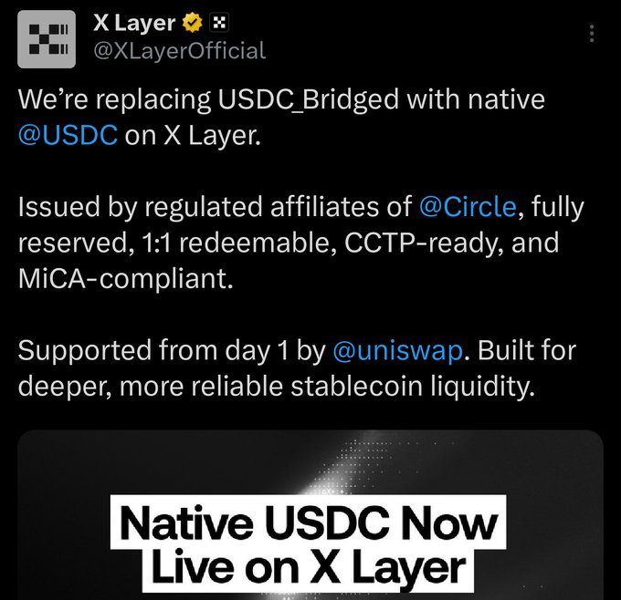 A tweet from X Layer (@XLayerOfficial) announces the replacement of USDC_Bridged with native USDC on X Layer, noting it's issued by regulated Circle affiliates, 1:1 redeemable, CCTP-ready, and MiCA-compliant, with day 1 support from Uniswap. The accompanying post highlights that while native USDC and CCTP are now live, Polymarket still doesn't directly support X Layer deposits—a gap that polydesk is working to fill.