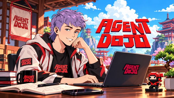 Anime-style promotional artwork labeled "AGENT DOJU" shows a purple-haired character using a laptop at a desk, with branded clothing, mug, banner, and small robot figurine against a bright cityscape.