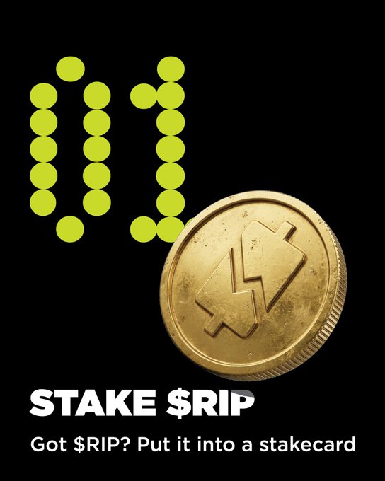 A black promotional graphic displaying '01' in green dots alongside a gold coin with a 'V' logo, with the text 'STAKE $RIP - Got $RIP? Put it into a stakecard'.