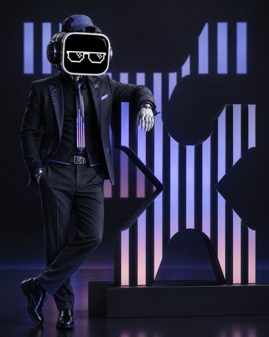 A stylized digital artwork of a figure in a black suit wearing a VR headset with pixelated sunglasses, posed against a dark backdrop.