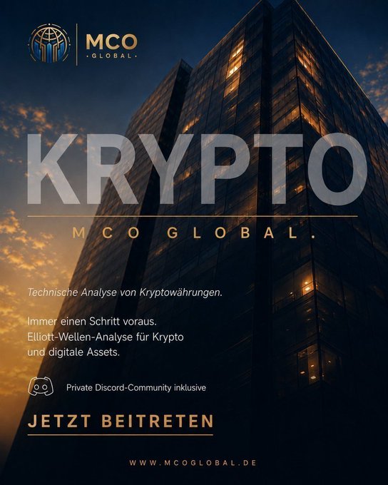 A German promotional poster for MCO Global's Krypto service, offering technical analysis of cryptocurrencies, Elliott Wave analysis, and private Discord community access at mcoglobal.de.