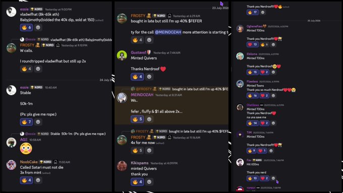 A Discord chat interface displays multiple screens showing active trading discussions in the "$NORD" channel, with members like FROSTY, essie, NooSaka, and others sharing buy/sell updates, prices, and mint statistics. The accompanying post's urgency is reflected in the rapid-fire messages, with users reporting entries like "Bought in late but still I'm up 40%" and "50k+1m," highlighting the fast-paced nature of the $NORD conversation that the caption says can't be fully captured.