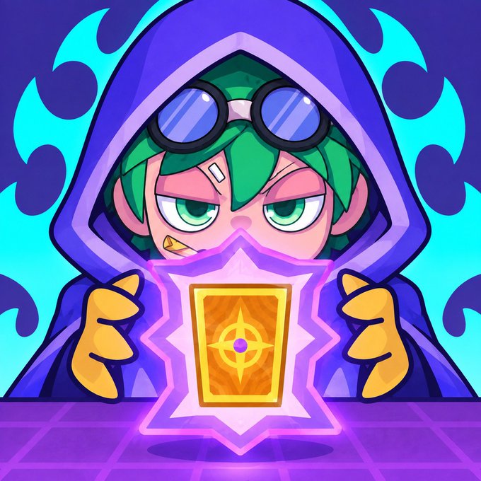 A cartoon character with green hair and glasses wearing a purple hooded cloak, holding up a glowing card with a purple gem design.