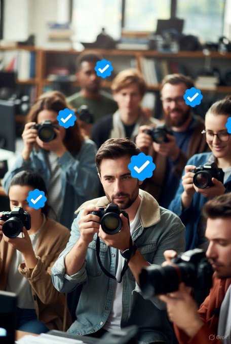 A lively group of aspiring photographers huddle together with their cameras ready, while bold blue checkmark badges hover over several individuals—visually reinforcing the post's call to "Say Hi" and "boost" engagement by confirming active, verified participants in the community.