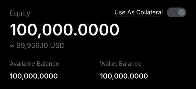 Cryptocurrency wallet screen displaying an Equity balance of 100,000.0000 (approximately 99,959.10 USD) with Available Balance and Wallet Balance both at 100,000.0000.