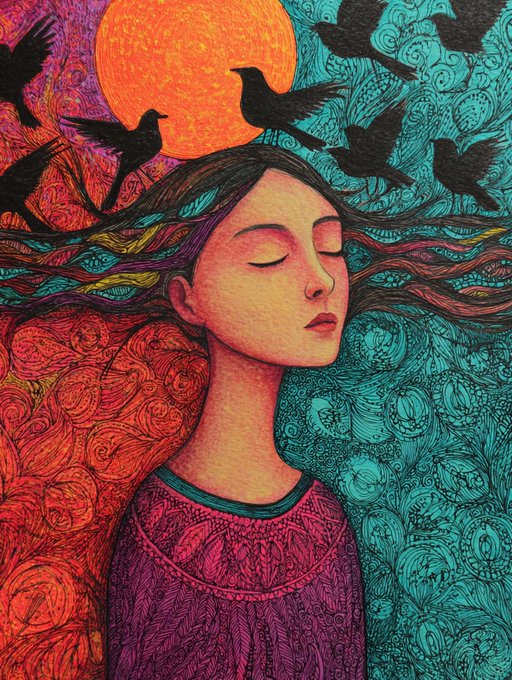 Vibrant psychedelic illustration of a serene woman with flowing multicolored hair, an orange sun, and silhouettes of birds swirling against a teal and red patterned background.