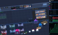 A low-resolution screenshot of a 3D game development software interface showing a scene with blocky objects, a level editor, and asset browser panels.