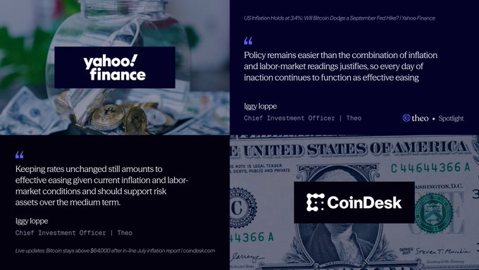 The image displays quotes from Theo CIO Iggy Loppe featured on Yahoo Finance, CoinDesk, and The Block, highlighting his argument that keeping rates unchanged amid inflation and labor market conditions amounts to effective easing. The visual includes financial imagery such as U.S. currency and currency-themed graphics, aligning with the post's commentary on July CPI landing at 3.4% and the market's interpretation that the Fed will hold rates steady.