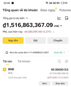 A Binance account overview screenshot in Vietnamese showing a total estimated value of 1,516,863,367.09 VND and BNB holdings.