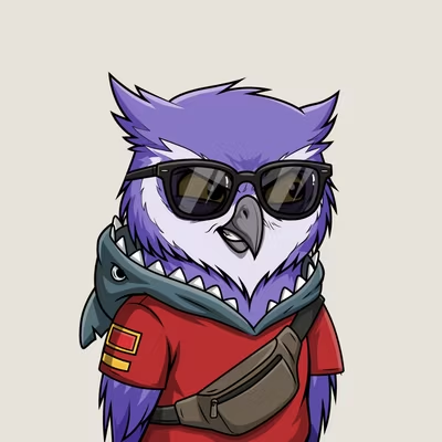Cartoon illustration of a purple owl character wearing black sunglasses, a red shirt, and a crossbody bag.
