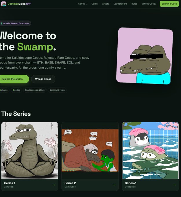 A webpage for 'CommonCOCO.wtf' displays a large 'Welcome to the Swamp.' headline next to an illustration of a crocodile wearing sunglasses, with sections below showing different NFT series like 'Series 1 ZenCoco' and 'Series 2 MamaCoco'.