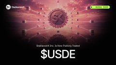 The image promotes StablecoinX Inc.'s Nasdaq listing under the ticker "USDE," featuring a stylized "EX" coin graphic and the tagline "StablecoinX Inc. A New Public Era: Tied to Ethena," aligning with the announcement of the company becoming the first treasury firm focused on Ethena to offer public-market investors exposure to the stablecoin sector.