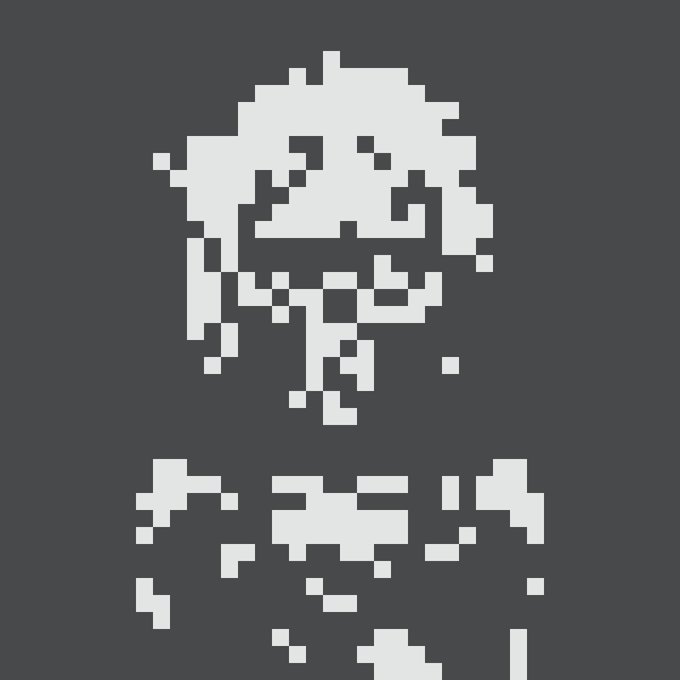 A low-resolution white pixel art graphic on a dark gray background depicts a skull-like face and fragmented shapes, resembling retro video game imagery.