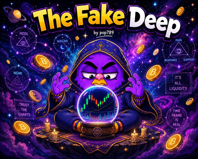 A colorful crypto-themed digital illustration titled 'The Fake Deep by pop789' featuring a purple bird character in a mystical setting, surrounded by Bitcoin logos, candles, and astrology-themed trading terms.