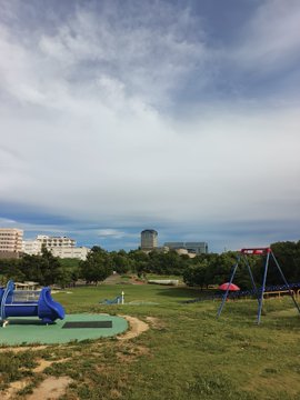 The image shows a park with a playground, including a blue slide and a swing set. The sky above the park has some clouds, suggesting that it might be a slightly overcast day. There are also buildings visible in the background, indicating that this park is located within an urban area or near a city center.