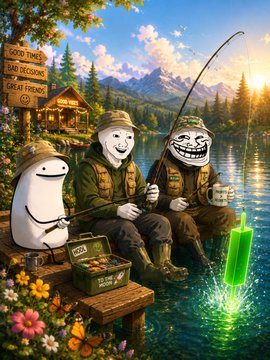Two Wojak-style cartoon figures in fishing gear sit on a dock beside a serene mountain lake, one reeling in a glowing green block labeled "100% LIQUIDITY" while a troll-like companion holds a mug, and a sign reads "GOOD TIMES" and "GREAT FRIENDS"—a playful meme scene tying into the post's themes of Wojak, Troll, and Flork tokens, with the contract address 0x09db6885551ab1d4a9fa484d9b4b9fe899134444 signaling an ERC-20 liquidity narrative.