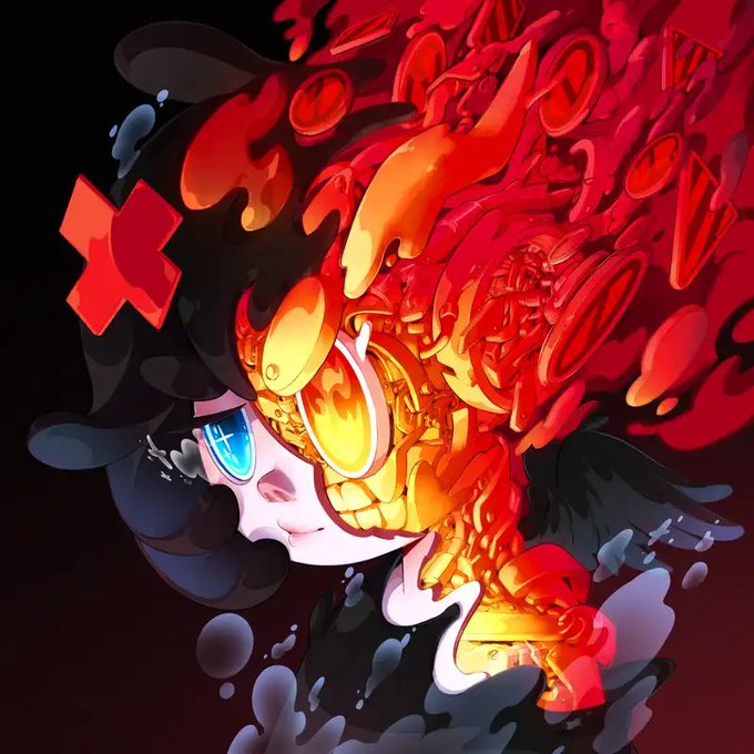 A vibrant digital illustration of an anime character with a split design—one side pale with a blue glowing eye and a black bow, the other side transformed into red and yellow flame-like skeletal features.
