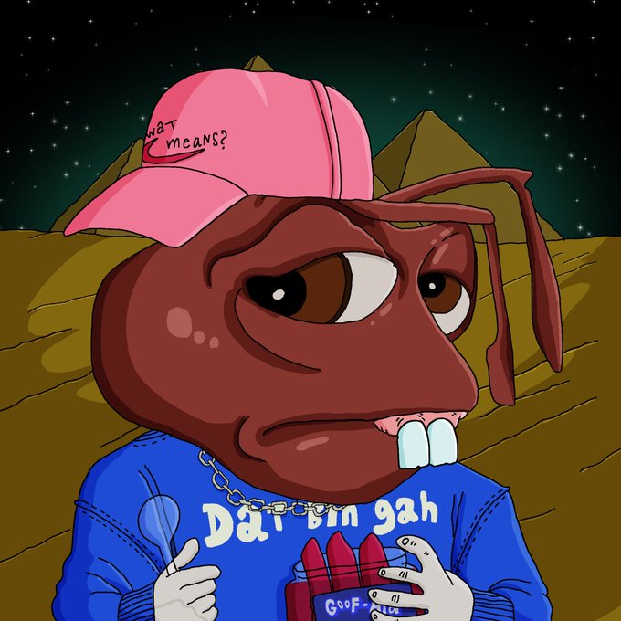 A cartoon Pepe the Frog character wearing a pink hat that says 'what it means?' and a blue shirt with distorted text, set against a desert landscape with pyramids and a starry sky.
