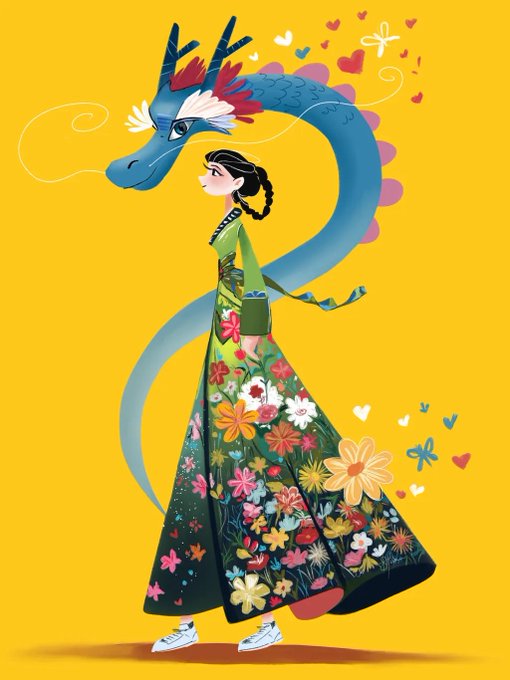 Stylized digital illustration of a young woman in a flowing floral-patterned green dress standing with a large blue Chinese-style dragon coiled around her on a bright yellow background.