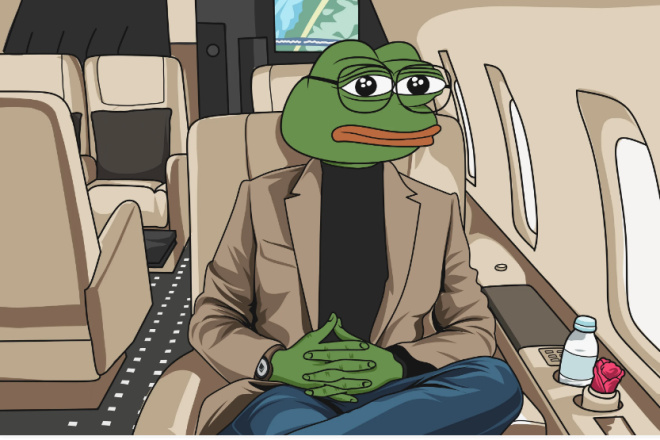 An illustration of a Pepe the Frog meme character wearing glasses and a tan blazer, sitting in a luxurious airplane seat with a water bottle and rose nearby.