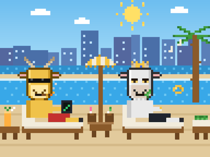 A pixel art scene shows two anthropomorphic characters wearing sunglasses—one a brown cow-like figure and the other a white sheep—relaxing on beach lounge chairs under a yellow umbrella with a city skyline and water in the background.