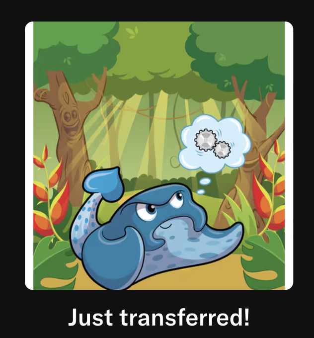A cartoon blue frog character stands in a jungle forest, thinking about gears (shown in a thought bubble), with the caption "Just transferred!" at the bottom. The image humorously illustrates the post about joining the VeeFriends community, with the "Just transferred!" text playfully signaling the user's transfer/excitement while the gears in the thought bubble represent thoughtful consideration of the new community.