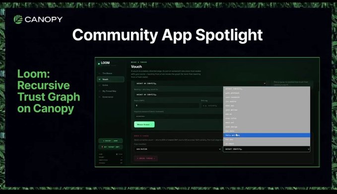 A 'Community App Spotlight' slide featuring Canopy branding, showcasing Loom's 'Recursive Trust Graph' interface with a Vouch form for selecting categories like reputation and identity.