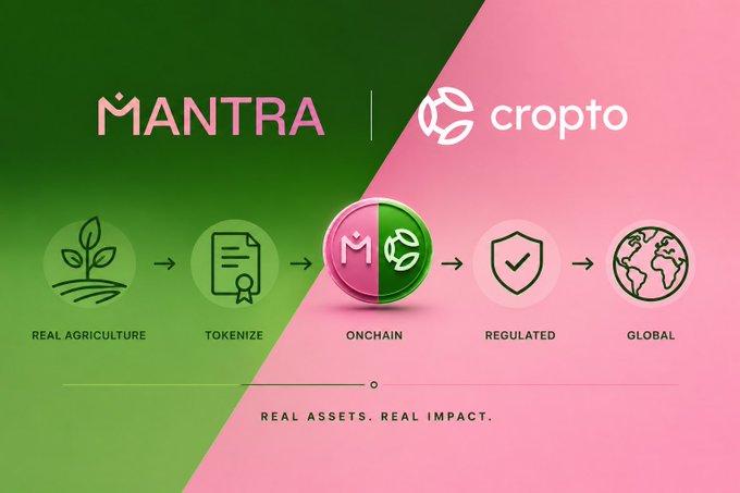 A promotional graphic for the partnership between MANTRA Chain and Cropto, featuring their logos and a five-step process flow: Real Agriculture → Tokenize → Onchain → Regulated → Global, centered around a pink and green token emblem. The tagline "Real Assets. Real Impact." appears at the bottom, visually reinforcing the post's message about bringing regulated agricultural real-world assets (RWAs) onchain for global access.