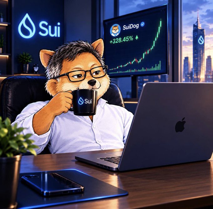 An anthropomorphic Shiba Inu dog character wearing glasses and a white shirt drinks from a Sui-branded mug at a desk with a laptop, while a monitor displays a SuiDog crypto chart showing a +328.45% increase.