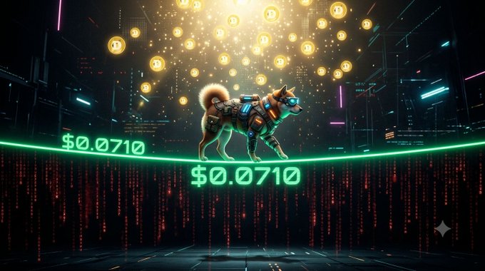 A digital artwork of a cybernetically enhanced Shiba Inu dog standing on a glowing green neon line displaying '$0.0710', with floating Bitcoin symbols above in a futuristic city setting.