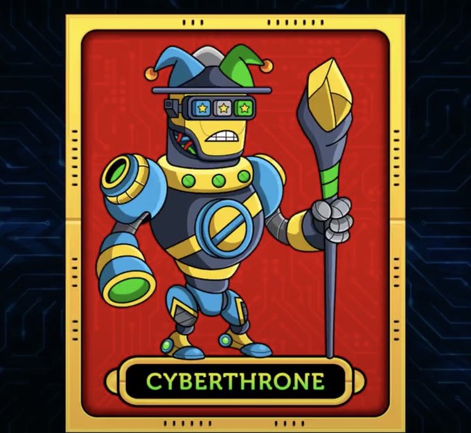 A digital trading card features a cartoon robot character with a jester hat, goggles, and a staff, labeled 'CYBERTHRONE' at the bottom against a red background.