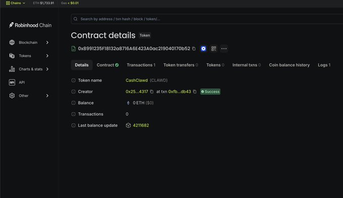 Screenshot of a Robinhood Chain blockchain explorer showing contract details for a token named 'CashClawd (CLAWD)' with creator address 0x25...4317 and 0 ETH balance.