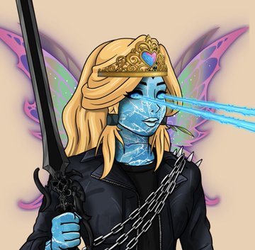 A stylized digital drawing of a blonde woman with blue, water-patterned skin and colorful fairy wings, wearing a gold crown with a heart and crying glowing blue tears.