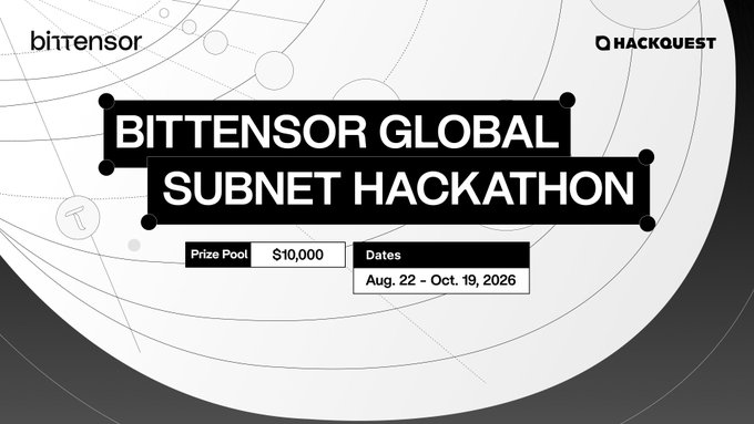 A promotional graphic for the 'BITTENSOR GLOBAL SUBNET HACKATHON' sponsored by HackQuest, with a $10,000 prize pool and dates from August 22 to October 19, 2026.