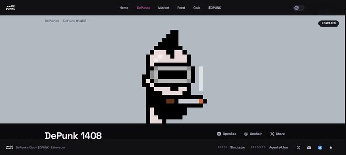 DePunks Club website screenshot displaying a pixel art character holding a knife, titled 'DePunk #1408' with options to Operate, Onchain, and Share.