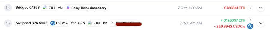 A transaction history showing 'Bridged 0.1298 ETH via Relay: Relay depository' (-0.129841 ETH) and 'Swapped 326.8942 USDC.e for 0.125 ETH on...' (+0.125037 ETH, -326.8942 USDC.e), dated 7 Oct.