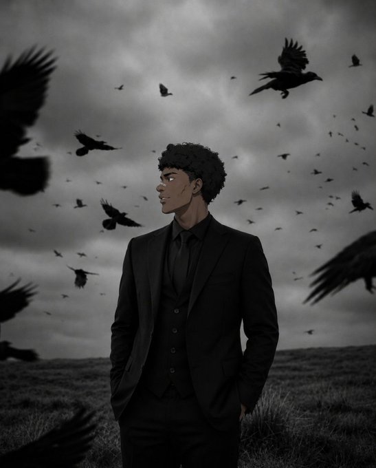 A digital illustration of a man with curly dark hair wearing a black three-piece suit, looking upward as black birds (crows/ravens) fly around him against a cloudy gray sky.