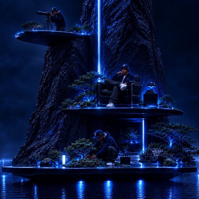 A stylized, futuristic scene with three figures in dark blue lighting: one on a top platform using a telescope, one seated in a chair on a middle platform, and one crouching on the bottom level, all surrounded by bonsai trees and blue neon lights.