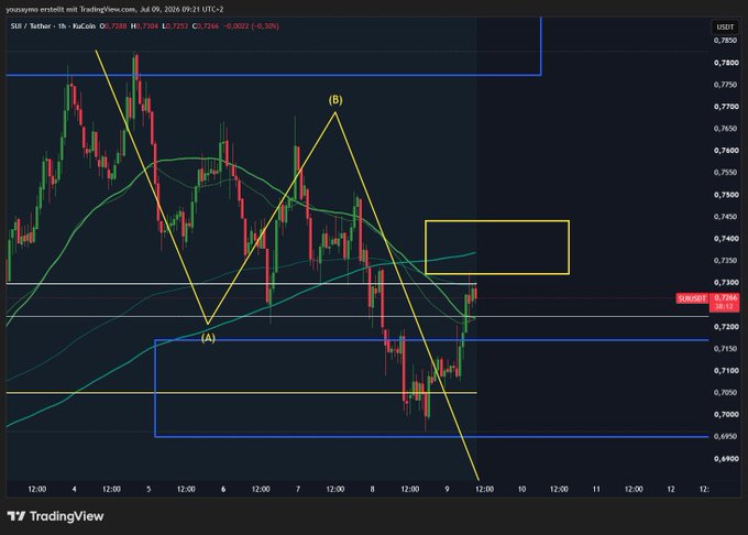 A TradingView 1-hour chart of SIERRA / Tether (SER) priced at $0.7289, showing a yellow ABC corrective pattern with point (A) near $0.7150 and point (B) near $0.7700, alongside a highlighted yellow box around the $0.7300–$0.7450 resistance zone where price is now testing following a bounce off the lower blue reversal zone—aligning with the post's mention of bulls defending a key reversal area and needing to break through resistance.