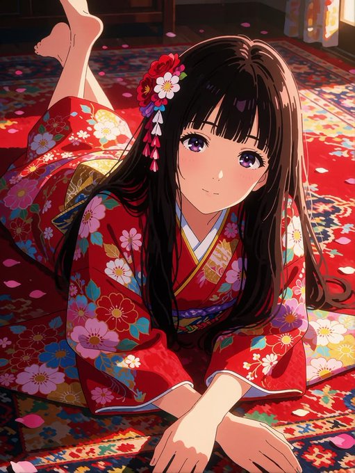 An anime-style illustration of a dark-haired girl with purple eyes, wearing a red floral kimono and a hair ornament, reclining on a patterned red carpet.