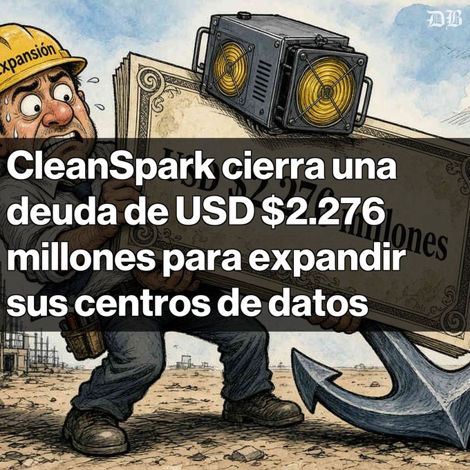 A cartoon illustration of a stressed construction worker carrying a large stack of mining equipment and an oversized debt note. Text reads: 'CleanSpark cierra una deuda de USD $2.276 millones para expandir sus centros de datos'.