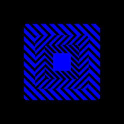 An abstract geometric pattern composed of dark blue and black chevron shapes forming a stylized 'S' or lightning bolt design inside a square border on a black background.