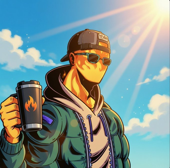 An anime-style illustration of a character with a fiery face wearing sunglasses, a backward cap with 'YEAHH', and a hoodie, holding a black tumbler with a flame logo against a bright blue sky.