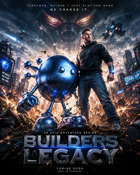 A movie poster titled 'BUILDERS LEGACY' with the tagline 'TOGETHER, WE DON'T JUST PLAY THE GAME, WE CHANGE IT' and 'AN EPIC ADVENTURE BEGINS', showing a man standing next to a metallic robot-like creature against a dramatic sci-fi cityscape.