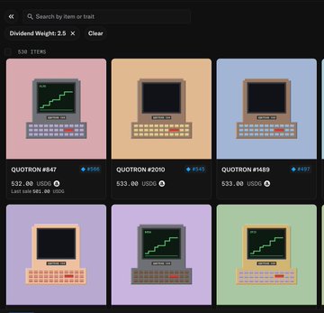 An NFT marketplace listing showing 'QUITRON' digital items, including items #847, #2100, and #1489, each priced around $33-$533 with a dividend weight of 2.5.
