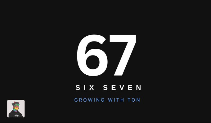 A bold black graphic displays "67 / SIX SEVEN / GROWING WITH TON" in white and blue text, featuring a small profile icon in the bottom corner. The image reinforces the post's message by visually branding the "Six Seven" project within the TON ecosystem, complementing the announcement about point tracking and transparent token participation.